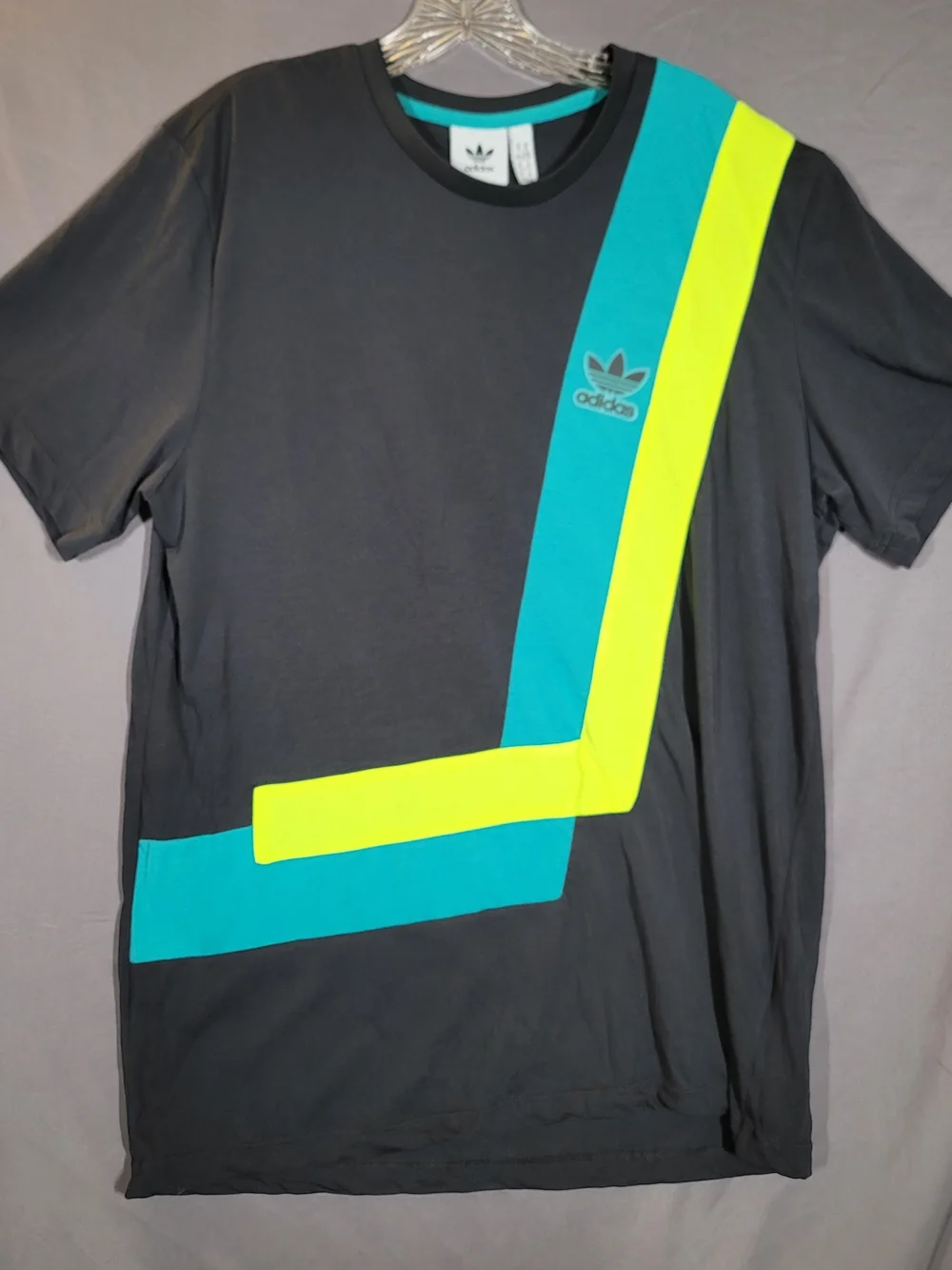 Adidas Originals Tee XL Black Neon Stripe Trefoil Logo Streetwear T Shirt